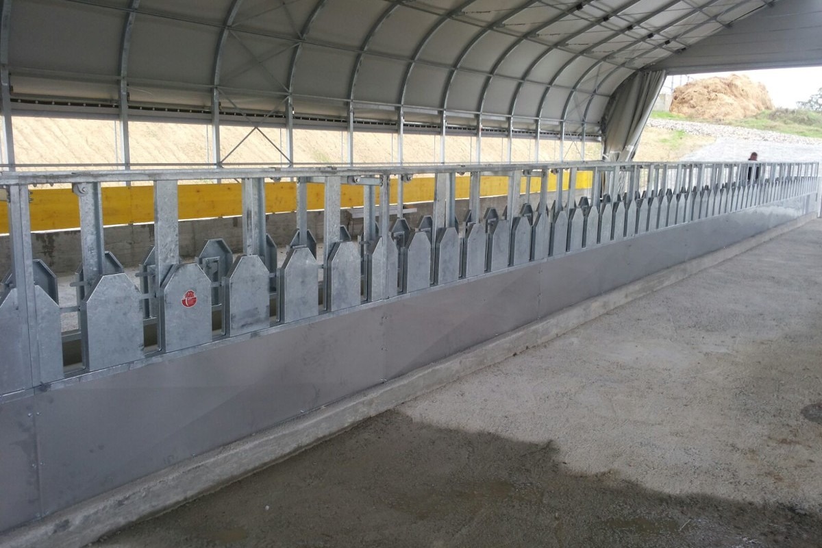 Sistema di alimentazione motorizzato installato in una stalla non occupata.